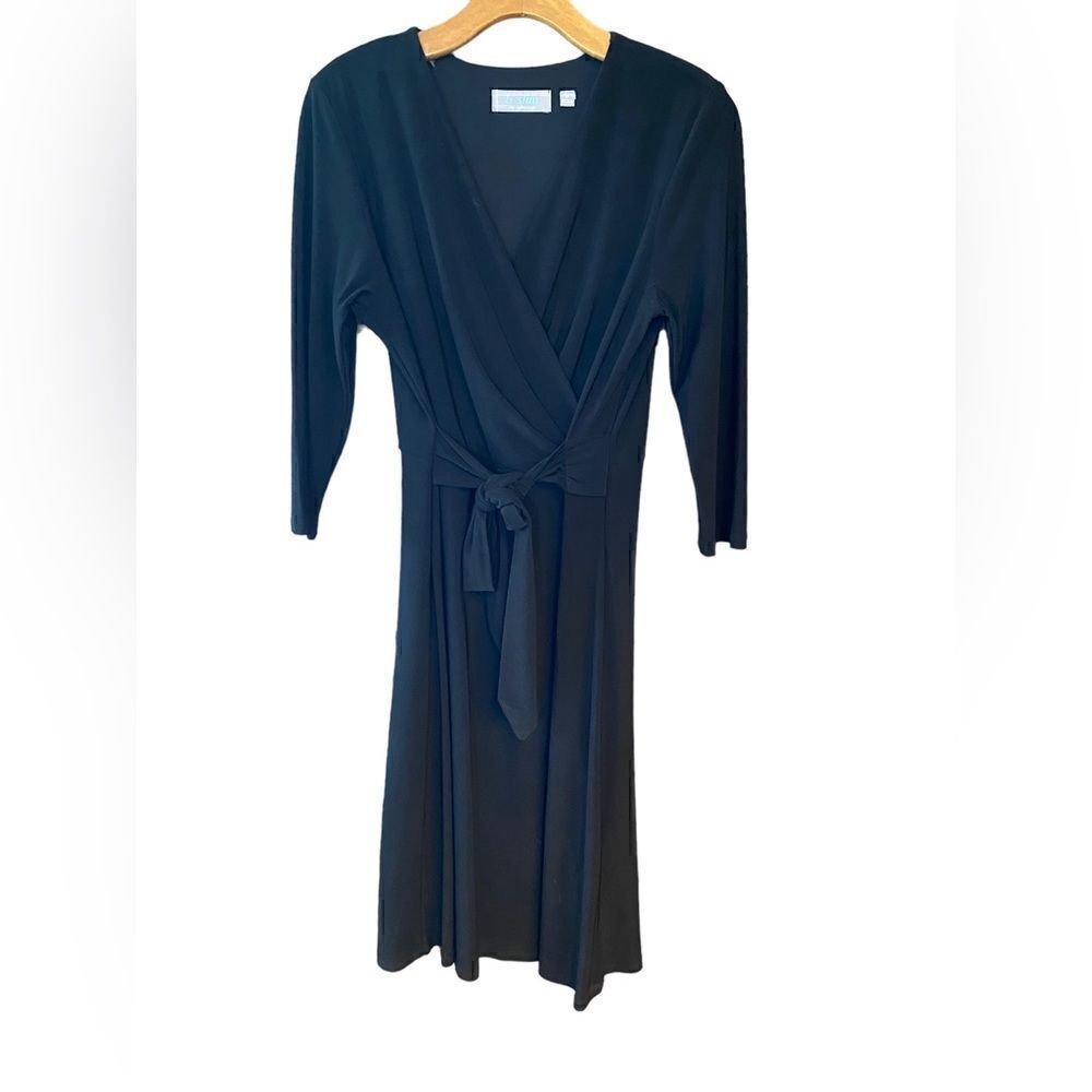 B-Slim Sz M Classic Black Faux Wrap Little Black w/Slimming Spandex Lining Dress